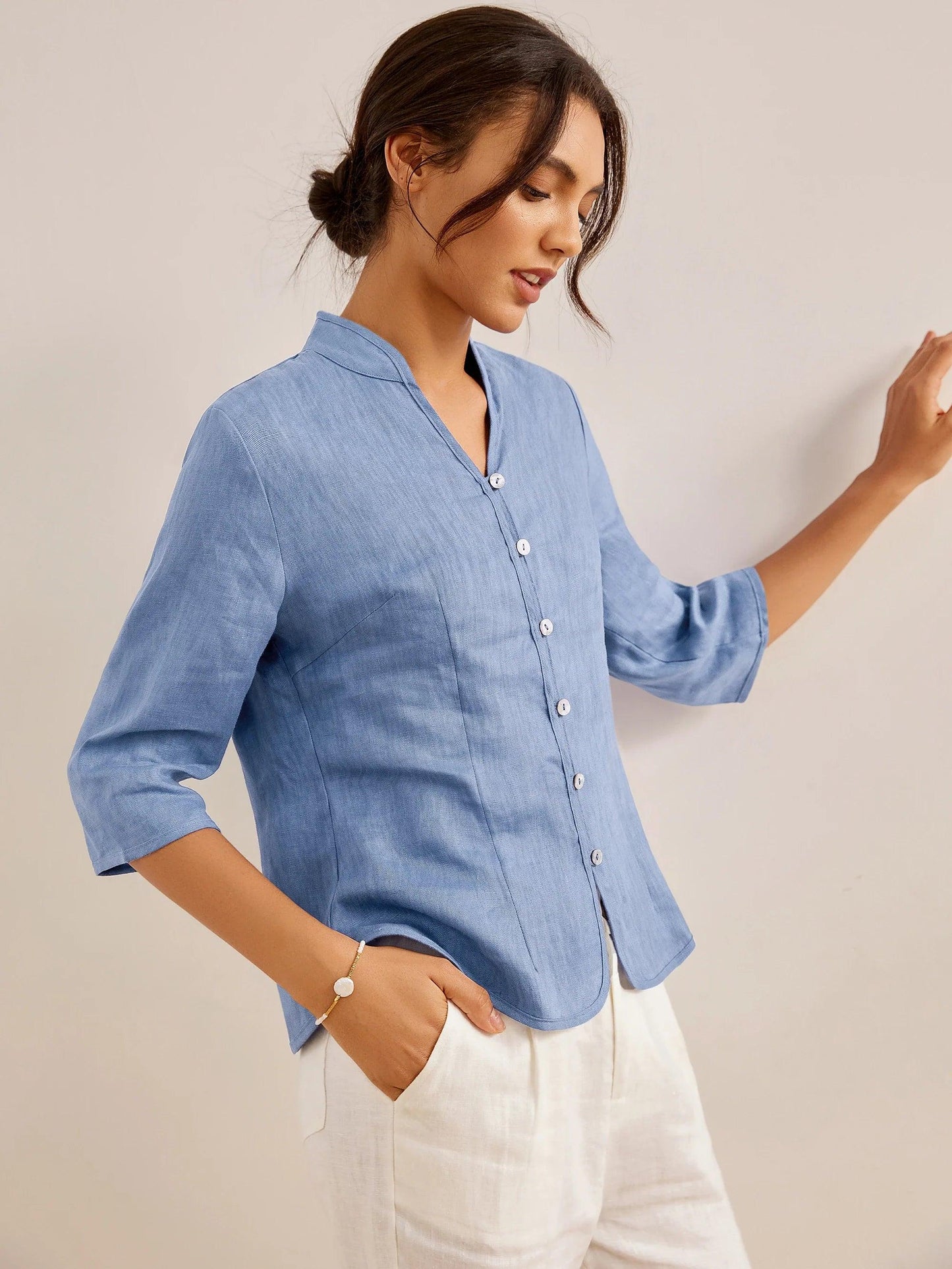 100% Linen Hand Button Fitted Jacket AMELIA