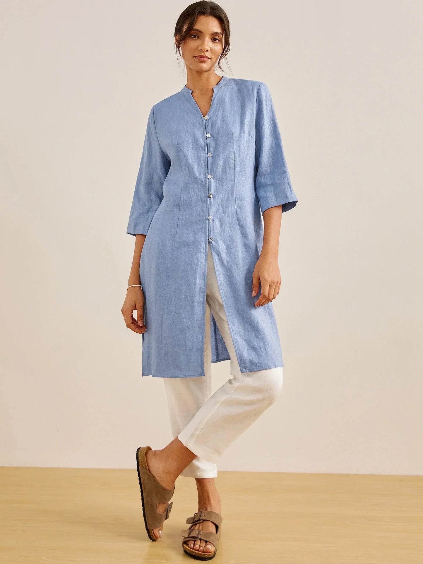 100% Linen Hand Button Long Top DILLON