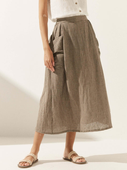 Linen Checked Elastic Waist Skirt MARINA