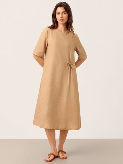 100% Linen Side-Gathered Bow Maxi Dress ESMERALDA