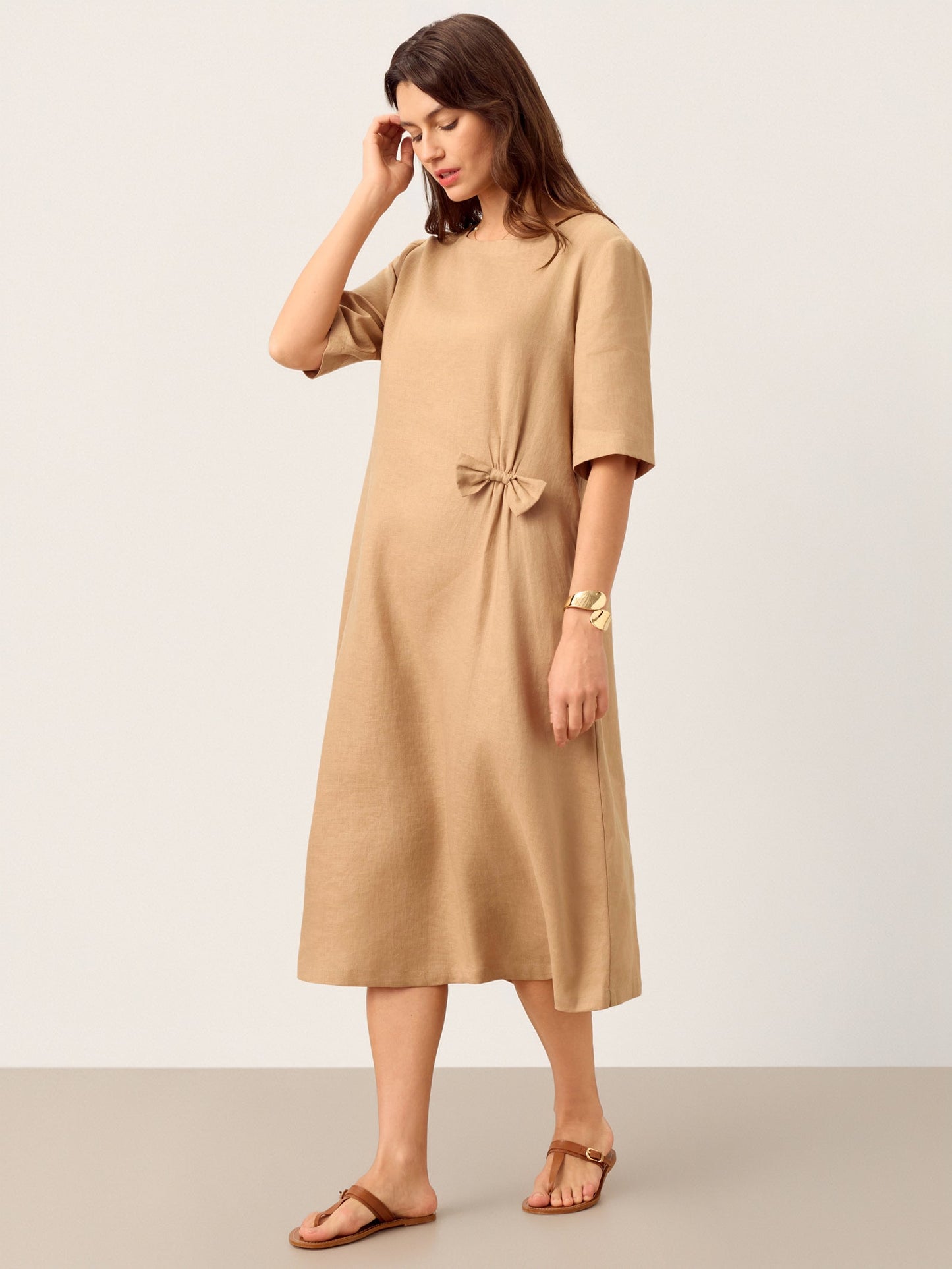 100% Linen Side-Gathered Bow Maxi Dress ESMERALDA