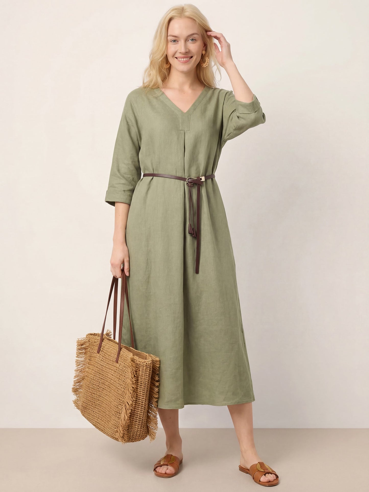 100% Linen Center Pleat V-Neck Cuffed Sleeve Maxi Dress ZENOBIA