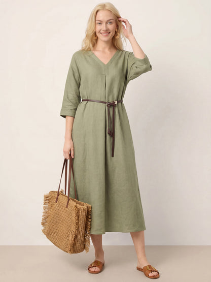 100% Linen Center Pleat V-Neck Cuffed Sleeve Maxi Dress ZENOBIA