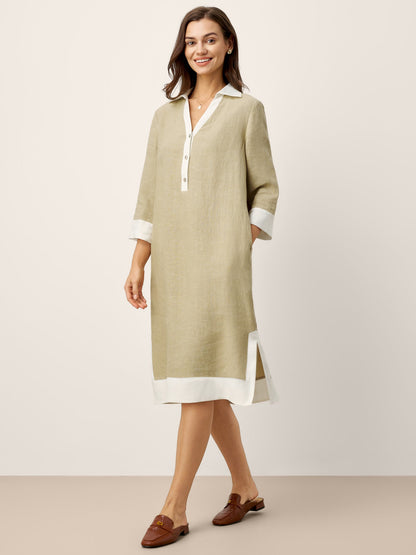 100% Linen Contrast Panel V-neck Layered Lapel Midi Shirt Dress PERSEPHONE