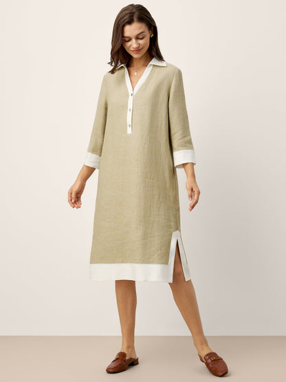 100% Linen Contrast Panel V-neck Layered Lapel Midi Shirt Dress PERSEPHONE