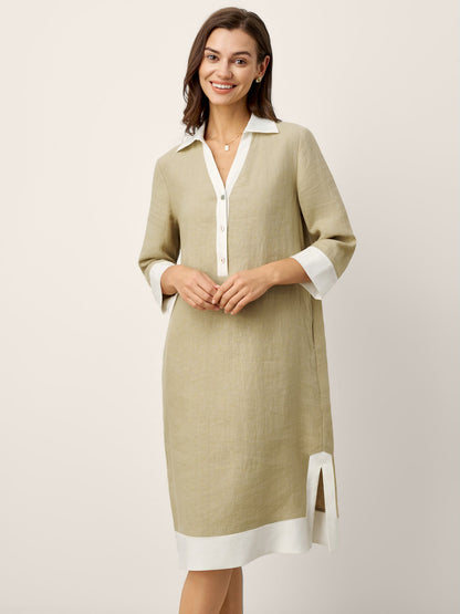 100% Linen Contrast Panel V-neck Layered Lapel Midi Shirt Dress PERSEPHONE