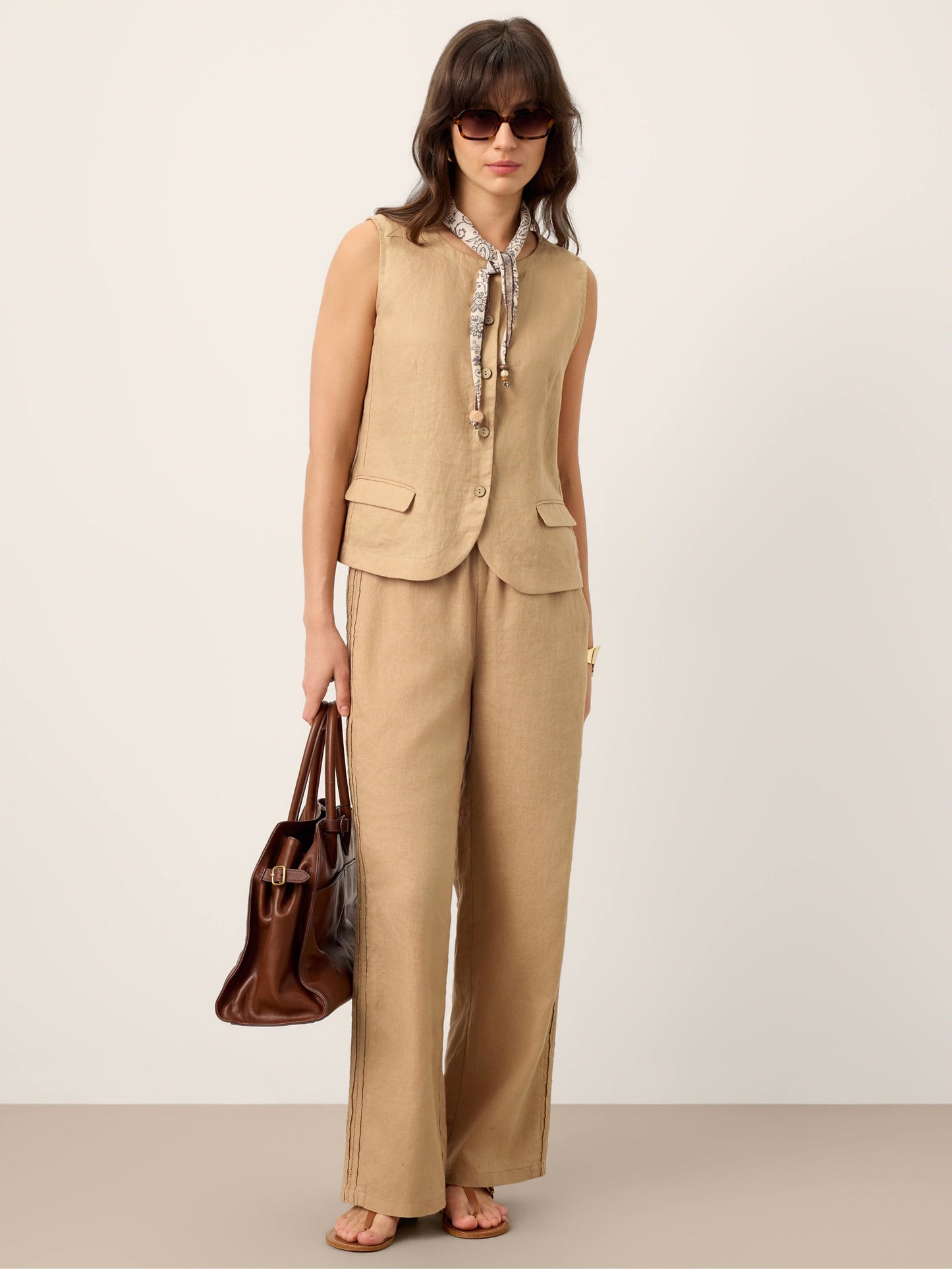 100% Linen Hemstitch Wide Leg Trousers LEONTINE