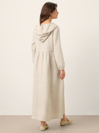 100% Linen Sculpted-Hood Caftan Maxi Dress LINETTE