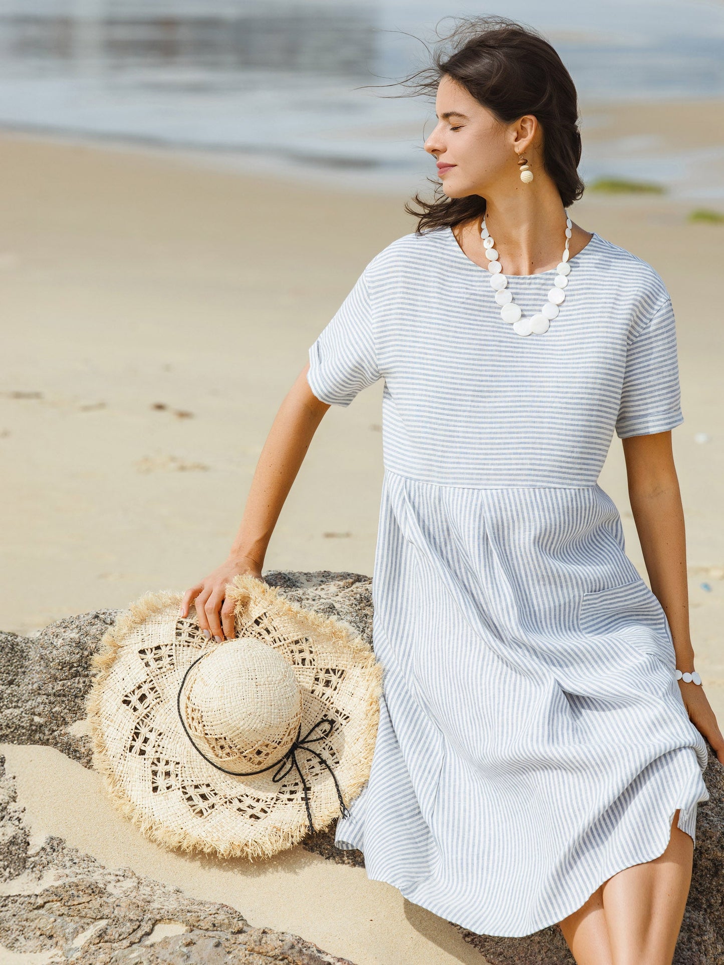 100% Linen Pinstripe Paneled Short-Sleeved Dress MORGAN