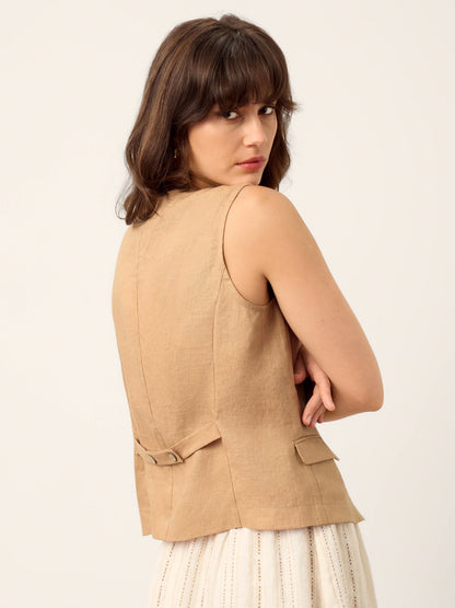 100% Linen Cinch-Back Sleeveless Tailored Vest BRONWYN