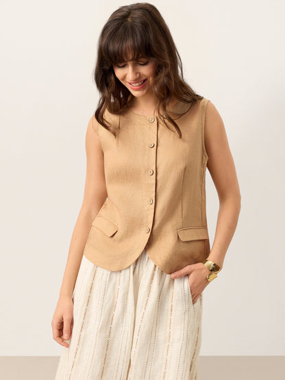 100% Linen Cinch-Back Sleeveless Tailored Vest BRONWYN