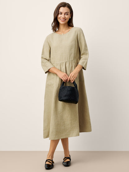 100% Linen Shirred Waistline Patch Pocket Maxi Dress MARCELLA