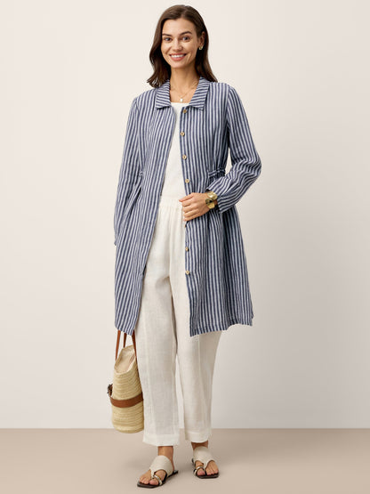 100% Linen Striped Back Drawstring Midi Shirt Dress ADELAIDE