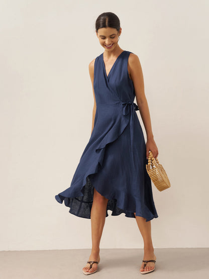 100% Linen V-Neck One-Piece Ruffle Hem Maxi Dress MAYA