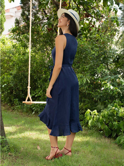 100% Linen V-Neck One-Piece Ruffle Hem Maxi Dress MAYA