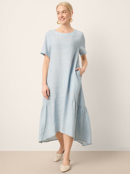 100% Linen A-Line Gathered Panel High-Low Maxi Dress LURLINE