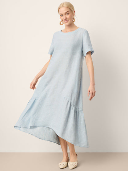 100% Linen A-Line Gathered Panel High-Low Maxi Dress LURLINE