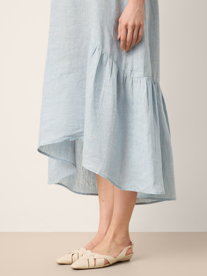 100% Linen A-Line Gathered Panel High-Low Maxi Dress LURLINE