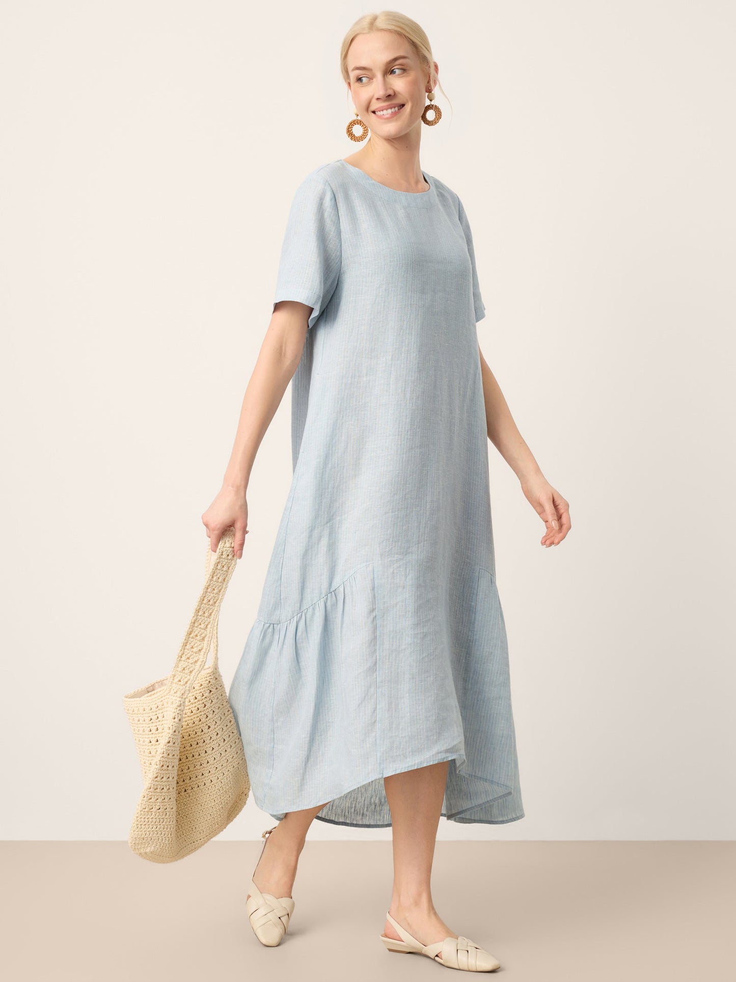 100% Linen A-Line Gathered Panel High-Low Maxi Dress LURLINE