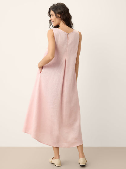 100% Linen Asymmetric Pleat A-Line Maxi Dress KARINA
