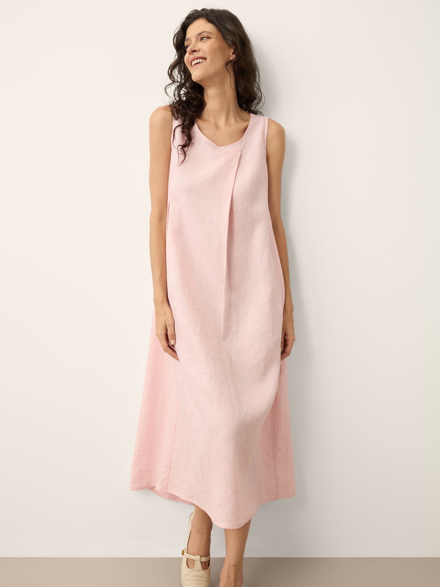 100% Linen Asymmetric Pleat A-Line Maxi Dress KARINA