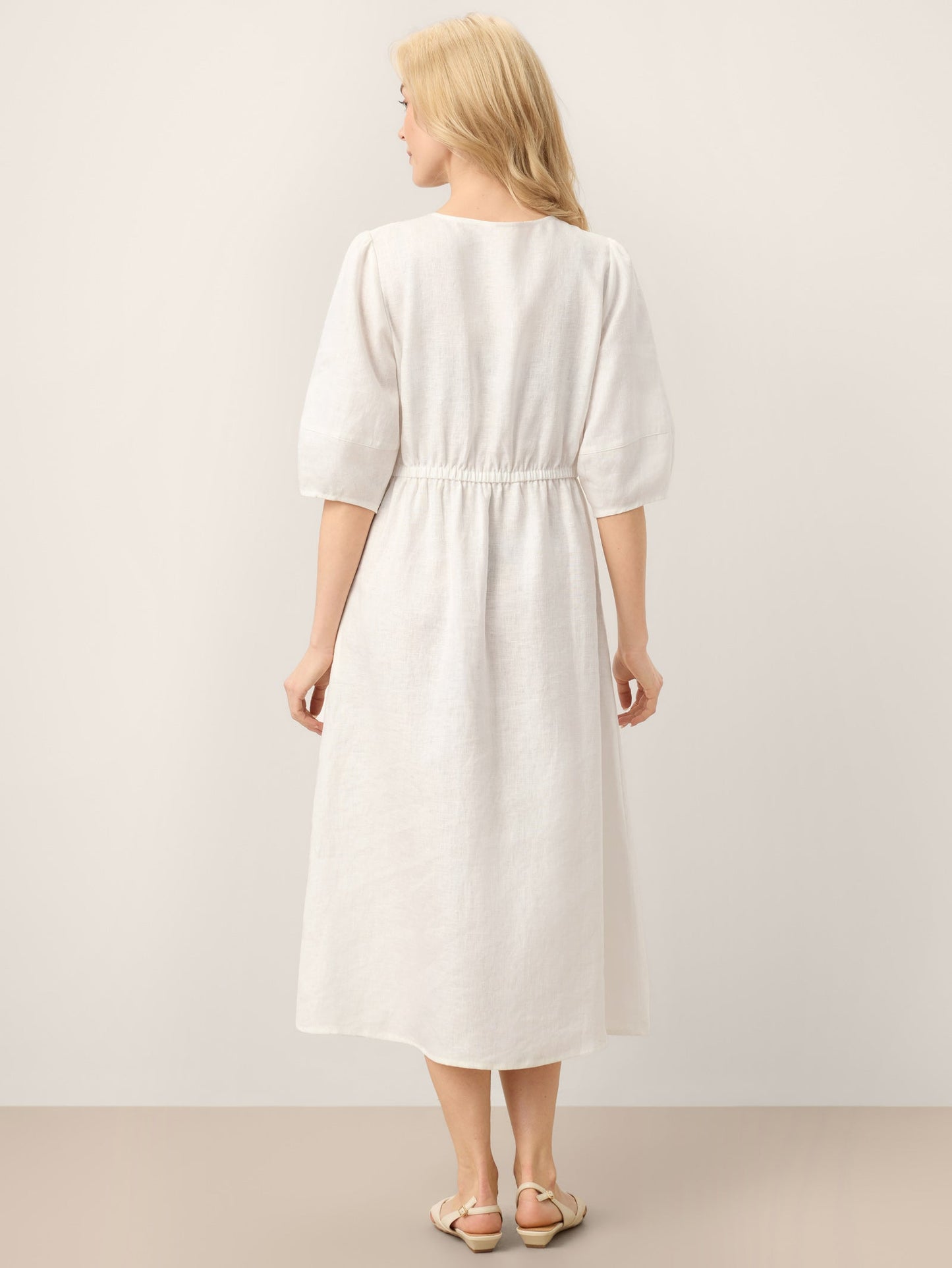 100% Linen Button-Front Lantern Sleeve Elasticated Waist Midi Dress LINNEA