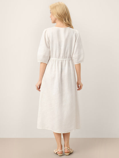 100% Linen Button-Front Lantern Sleeve Elasticated Waist Midi Dress LINNEA