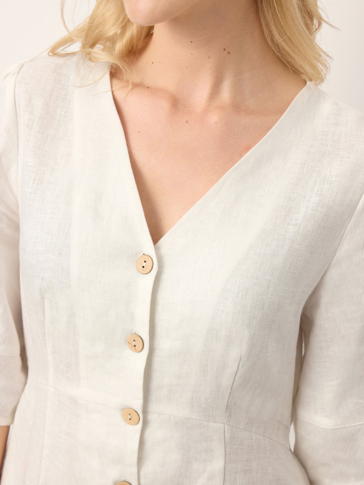 100% Linen Button-Front Lantern Sleeve Elasticated Waist Midi Dress LINNEA