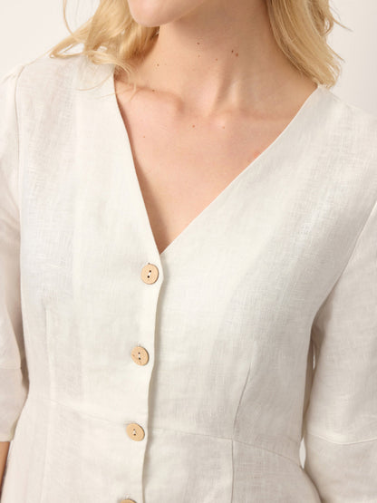 100% Linen Button-Front Lantern Sleeve Elasticated Waist Midi Dress LINNEA