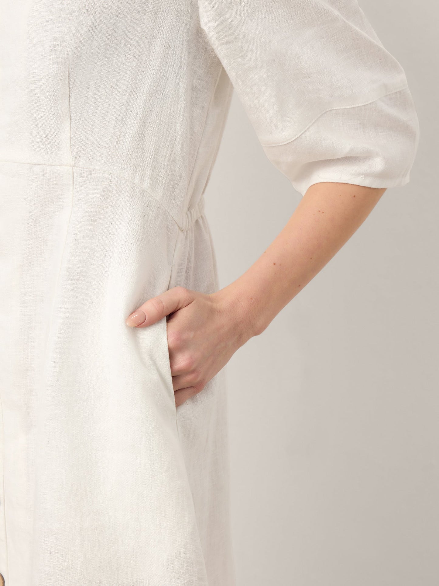 100% Linen Button-Front Lantern Sleeve Elasticated Waist Midi Dress LINNEA