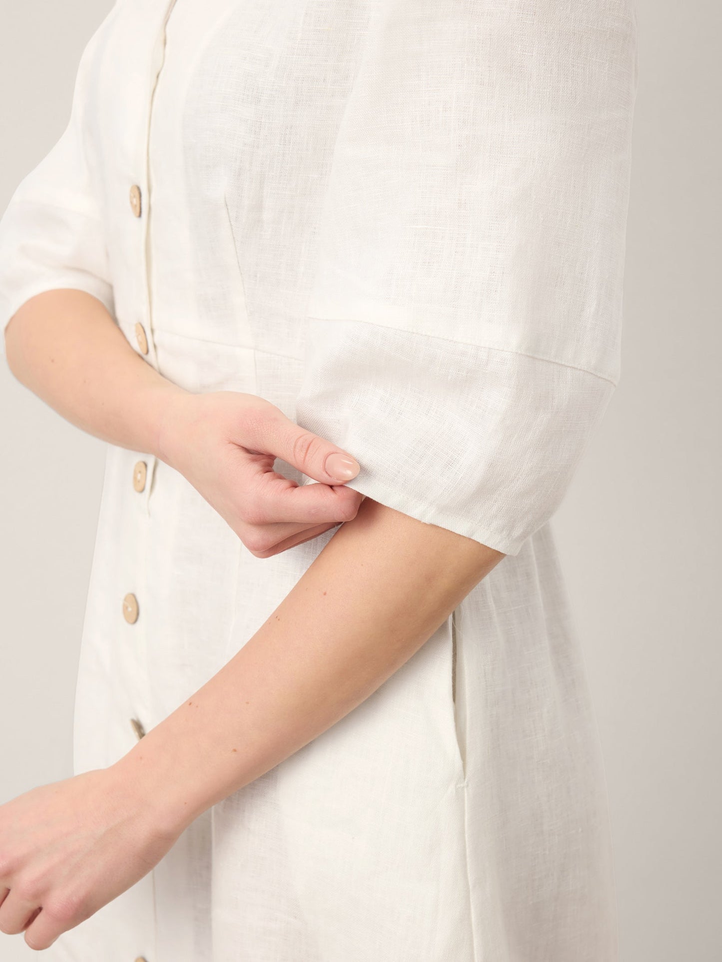 100% Linen Button-Front Lantern Sleeve Elasticated Waist Midi Dress LINNEA