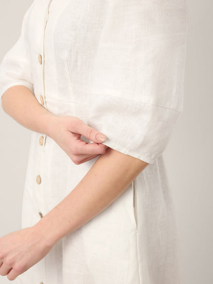 100% Linen Button-Front Lantern Sleeve Elasticated Waist Midi Dress LINNEA