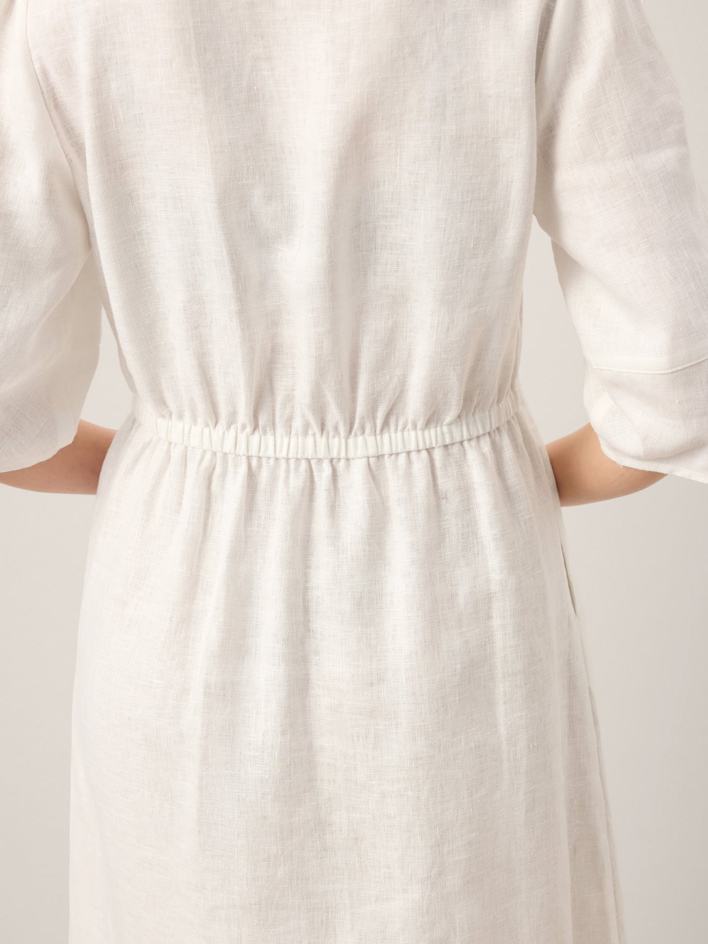 100% Linen Button-Front Lantern Sleeve Elasticated Waist Midi Dress LINNEA