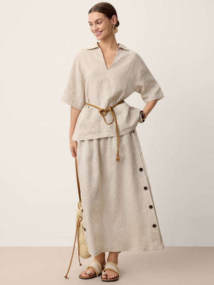 100% Linen Button-Trim Slit Skirt ASTRA