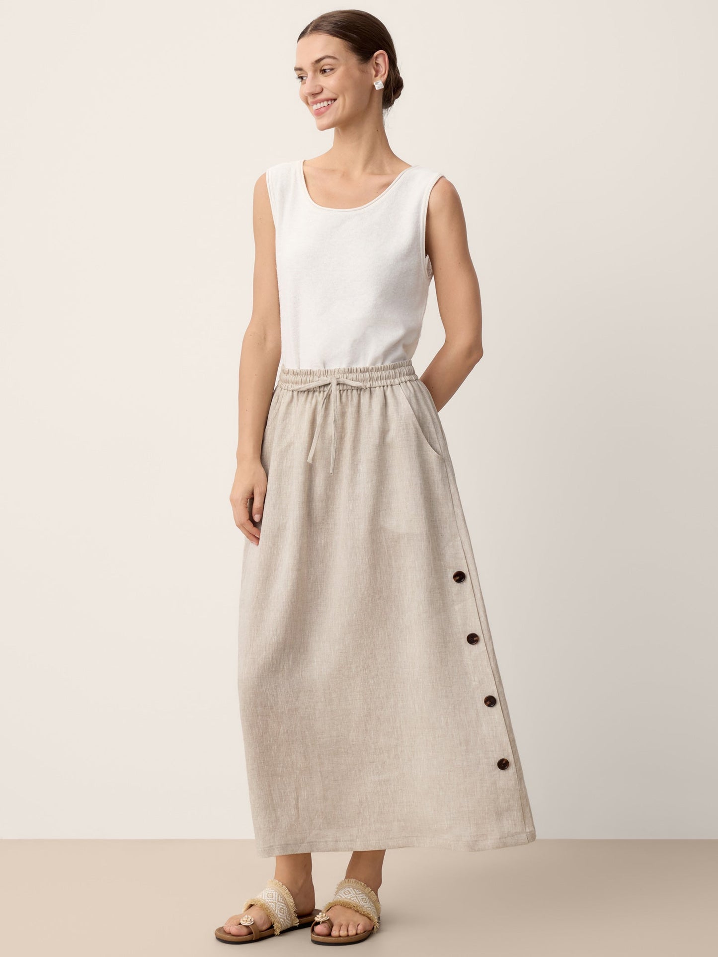 100% Linen Button-Trim Slit Skirt ASTRA