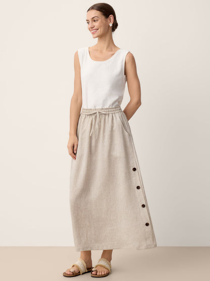 100% Linen Button-Trim Slit Skirt ASTRA