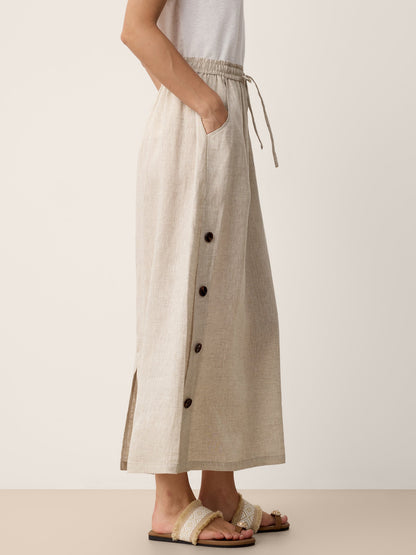 100% Linen Button-Trim Slit Skirt ASTRA