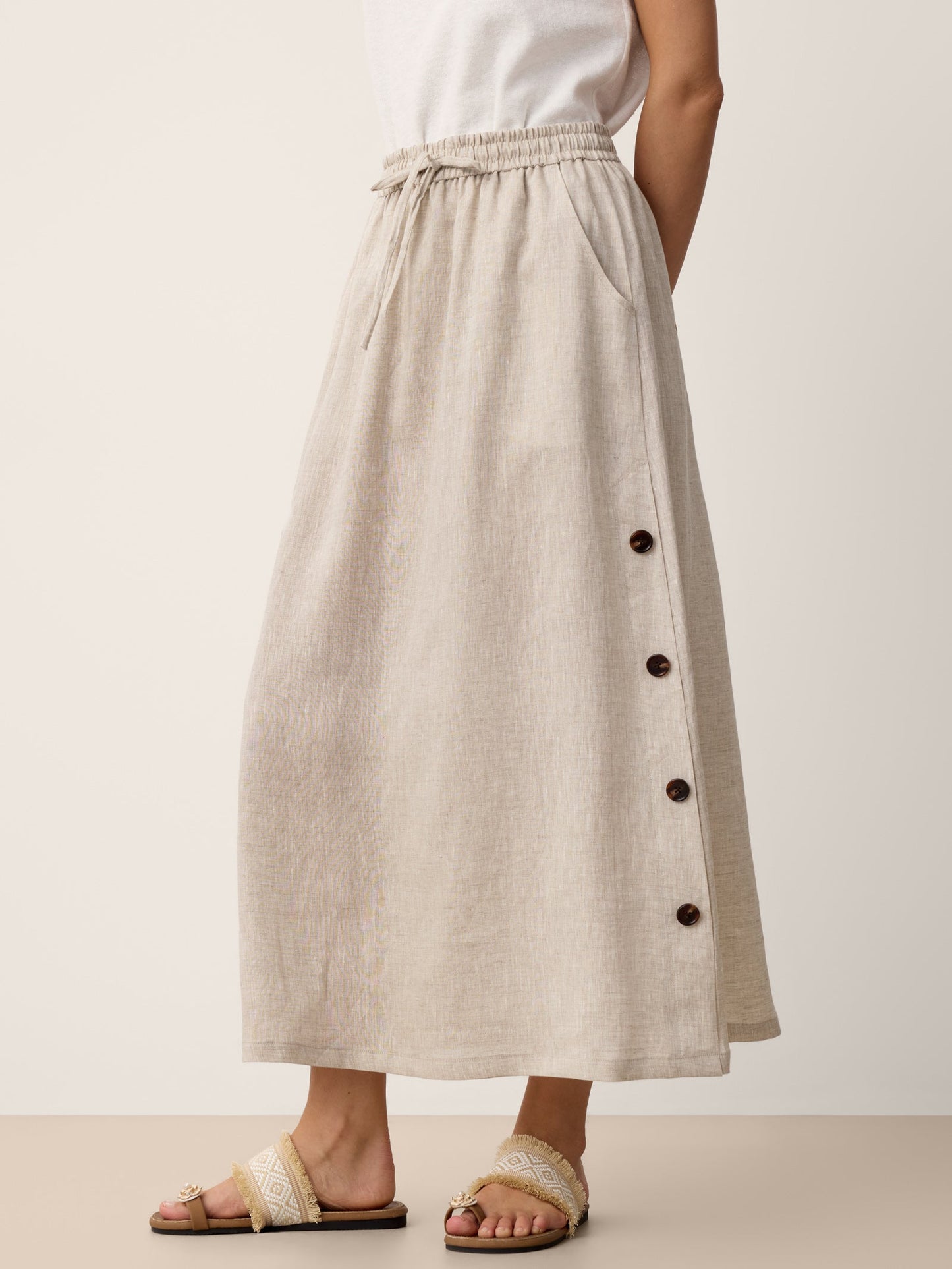 100% Linen Button-Trim Slit Skirt ASTRA