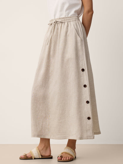 100% Linen Button-Trim Slit Skirt ASTRA