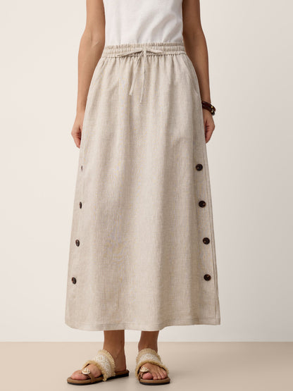 100% Linen Button-Trim Slit Skirt ASTRA