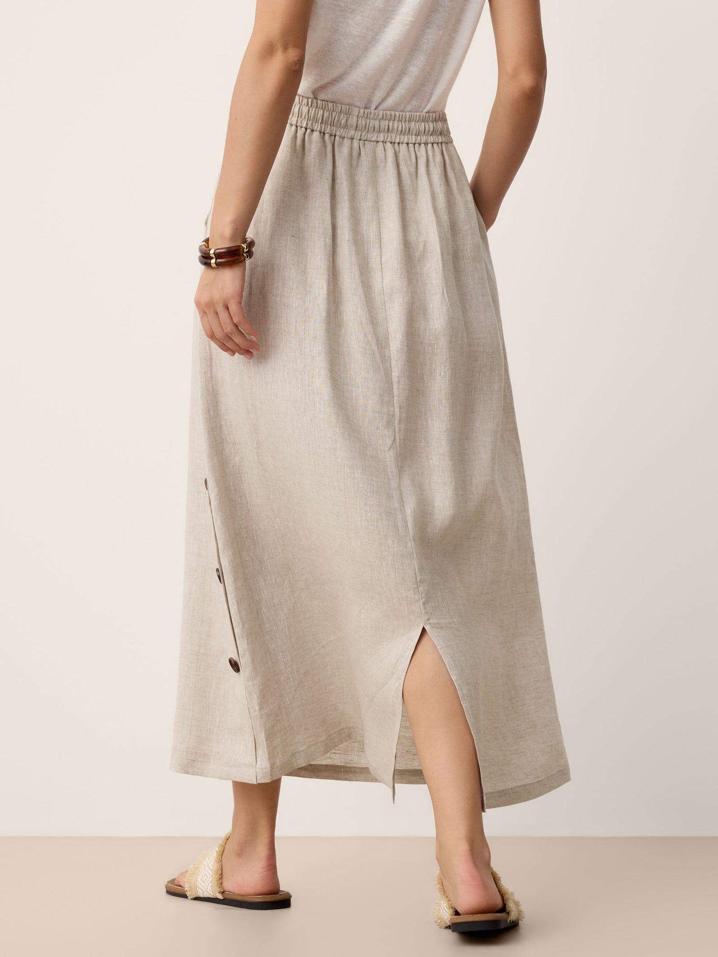 100% Linen Button-Trim Slit Skirt ASTRA