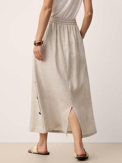 100% Linen Button-Trim Slit Skirt ASTRA