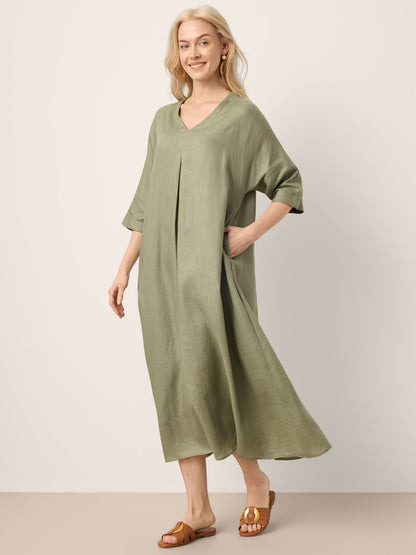 100% Linen Center Pleat V-Neck Cuffed Sleeve Maxi Dress ZENOBIA