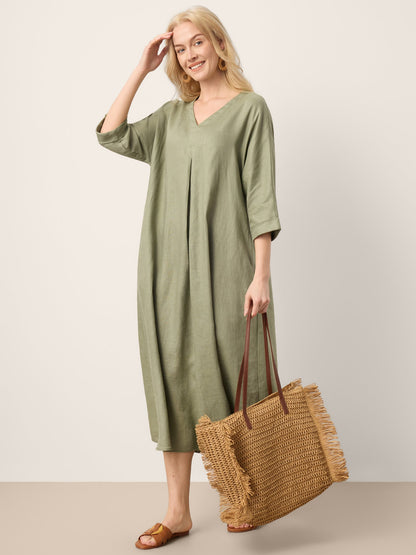 100% Linen Center Pleat V-Neck Cuffed Sleeve Maxi Dress ZENOBIA