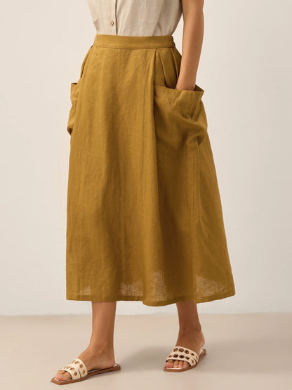 Linen Checked Elastic Waist Skirt MARINA