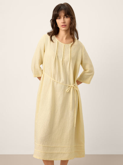 100% Linen Pintucked Embroidered Adjustable Belt Tiered Maxi Dres VERENA