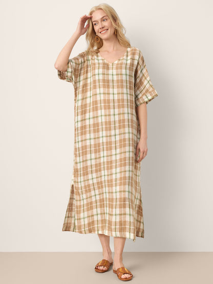100% Linen Plaid Deep V-Neck Drop Shoulder Side Slit Maxi Dress LESLIE