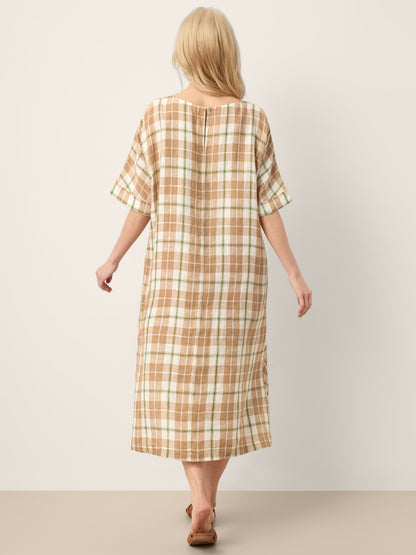 100% Linen Plaid Deep V-Neck Drop Shoulder Side Slit Maxi Dress LESLIE