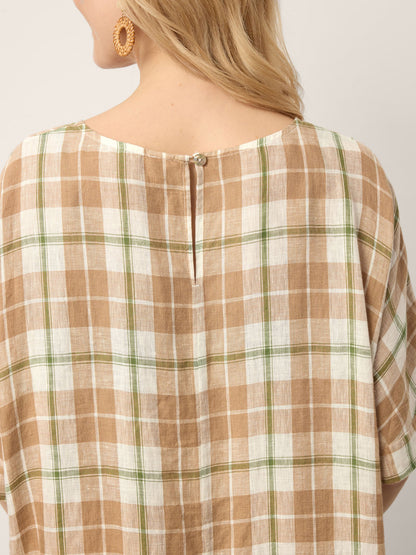 100% Linen Plaid Deep V-Neck Drop Shoulder Side Slit Maxi Dress LESLIE