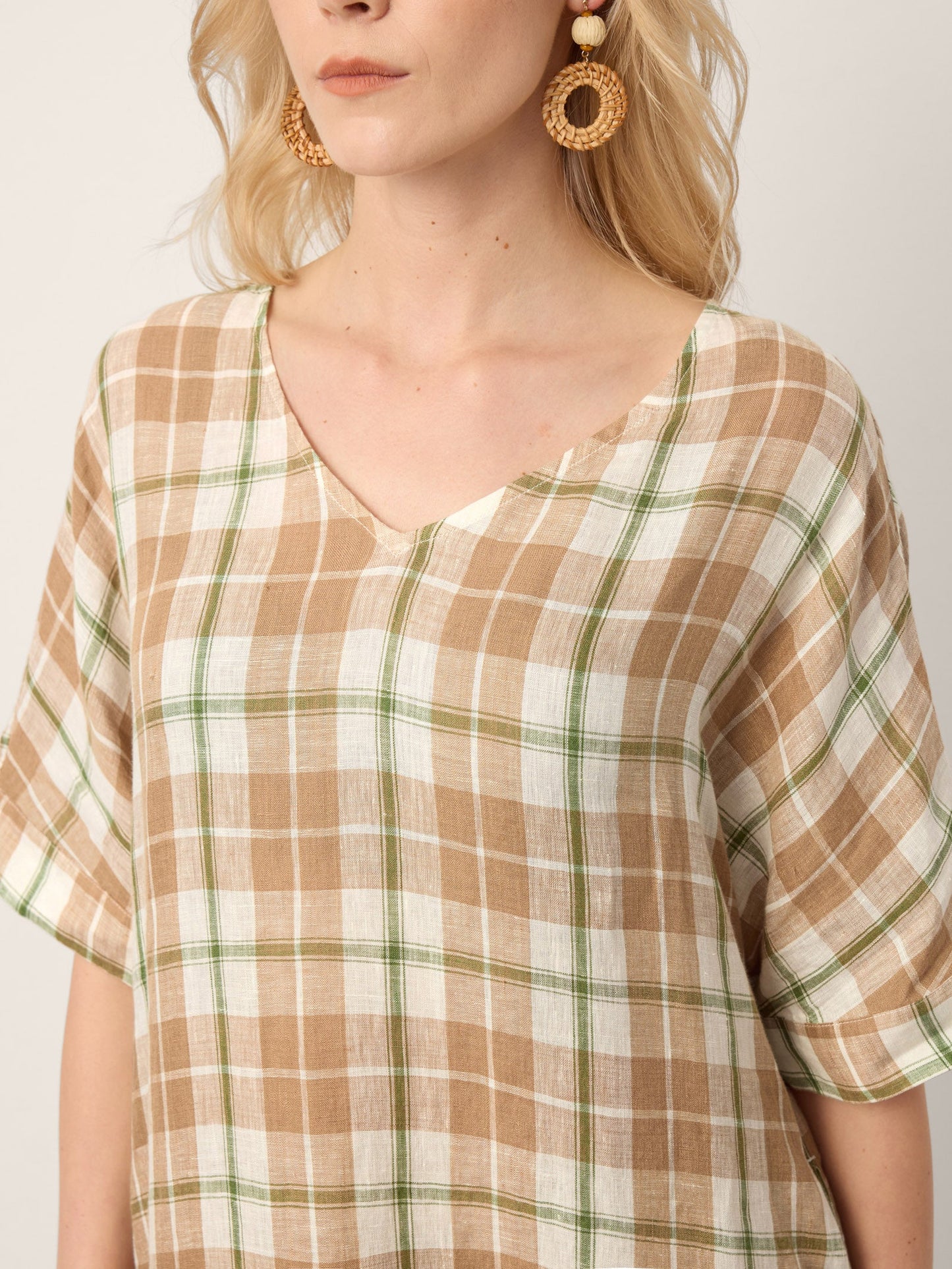 100% Linen Plaid Deep V-Neck Drop Shoulder Side Slit Maxi Dress LESLIE